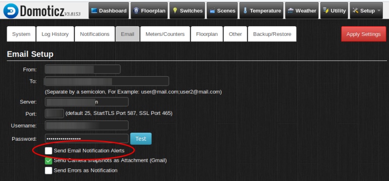 Email Setup in Domoticz